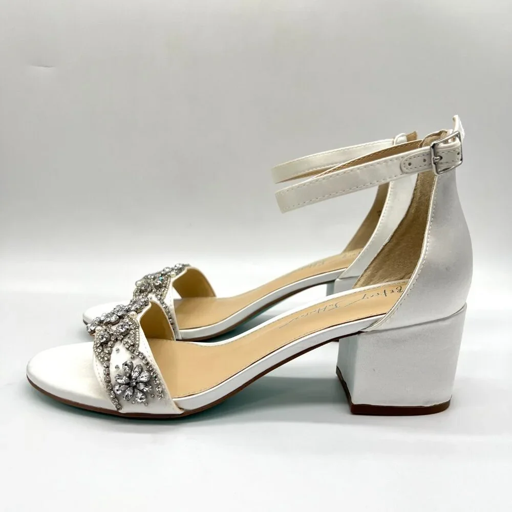 Betsey Johnson Size 8 Mel‎ Ivory White Satin Jeweled Heels Dress Sandals Shoes